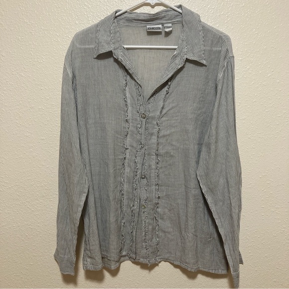 Chico's Blouse Ruffle Striped Button Up Shirt Blue White Long Sleeve Sz 3 Cotton - Picture 13 of 16